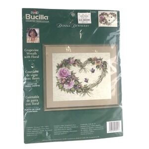 Bucilla Cross Stitch Kit Grapevine Wreath Floral Butterflies Dewberry 14X11 New
